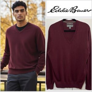 Eddie Bauer Merino Wool Cotton Maroon V-Neck Sweater